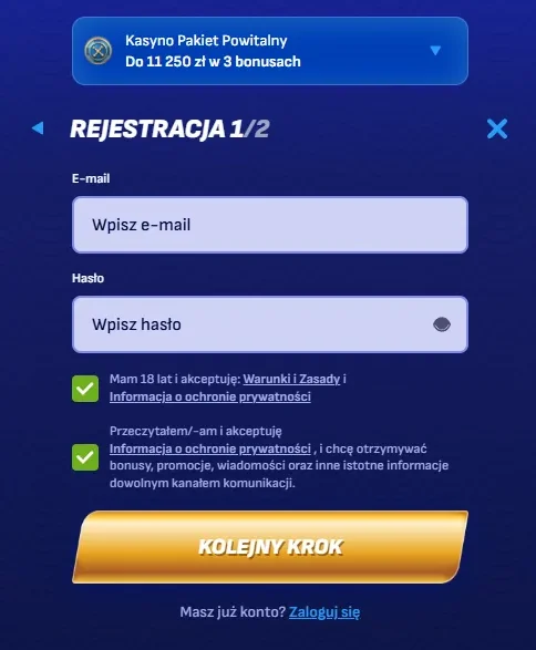 Formularz rejestracji kasyna online na ekranie komputera